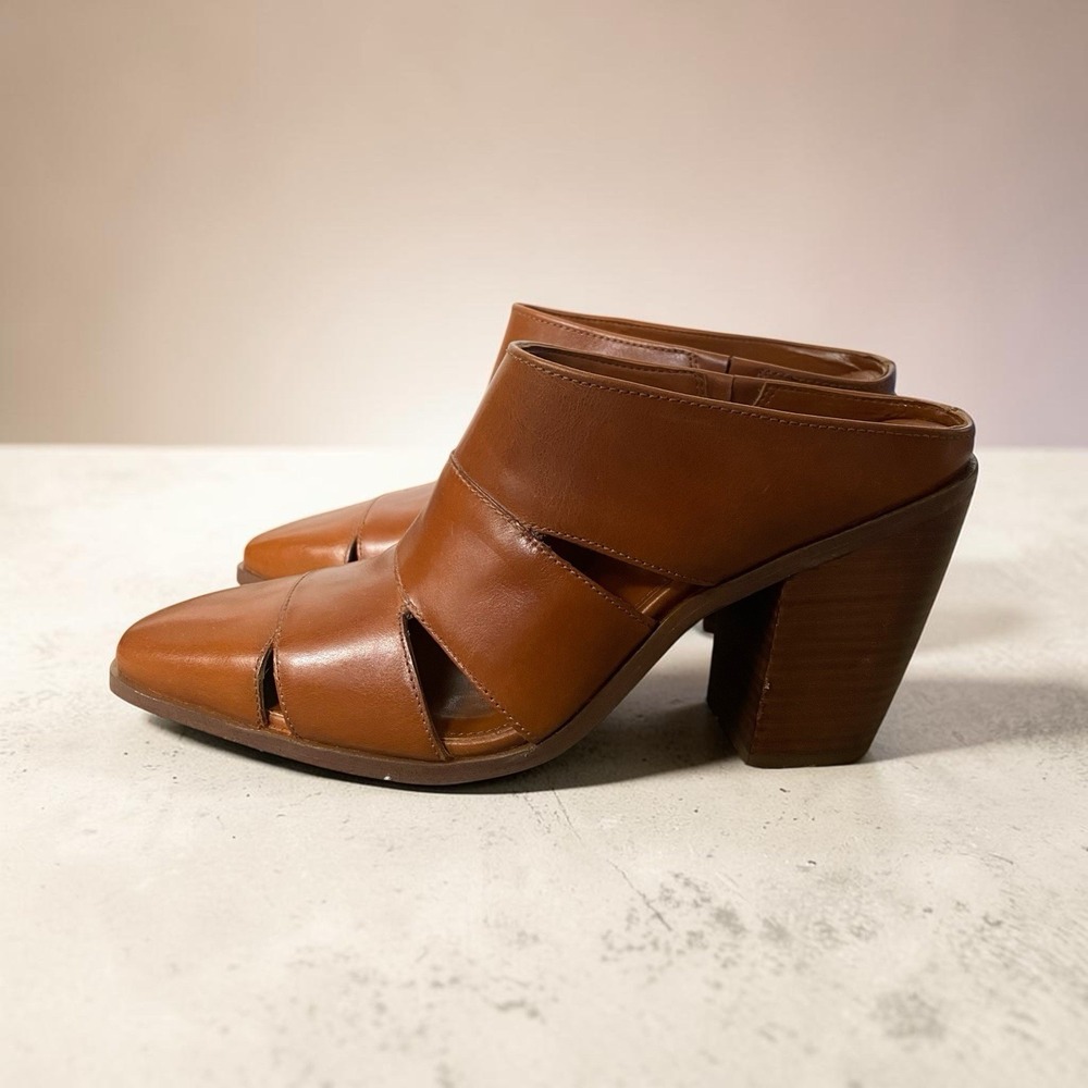 Vince Camuto Heeled Mules Women Size 8 EU 39 Brown Leather Chunky Western Boho